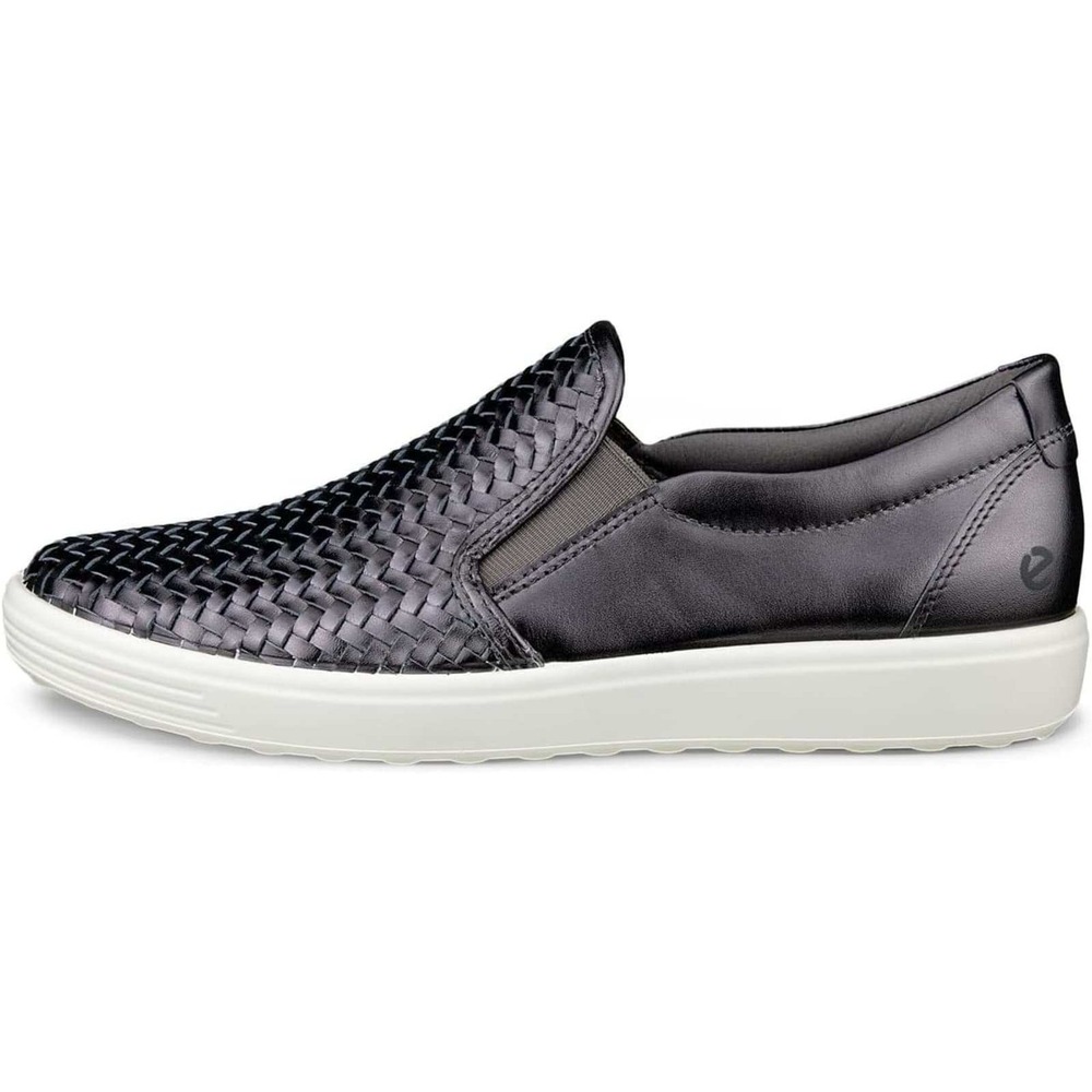 ECCO Soft 7 Womens Leather Slip On Sneakers Woven Metallic Heavy Silver Size 8.5